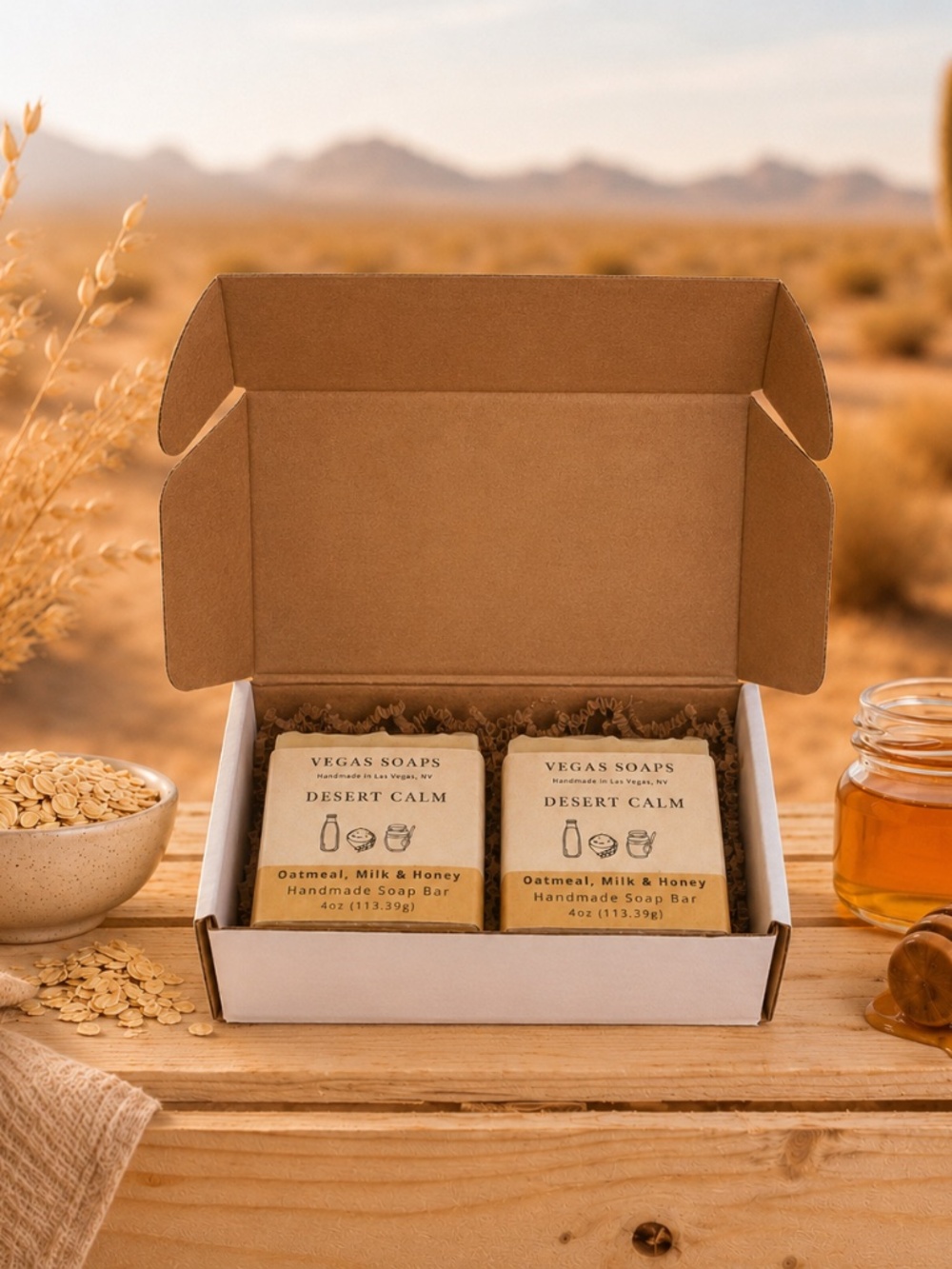 Oatmeal, Milk & Honey Vegas Soaps Set Of Two Gift Box Handmade Soap Bars